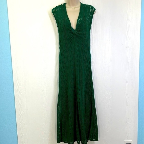 Zara - VNeck Crochet Dark Green Lined Cap Sleeve Sweater Maxi Dress Size Small - Picture 1 of 15